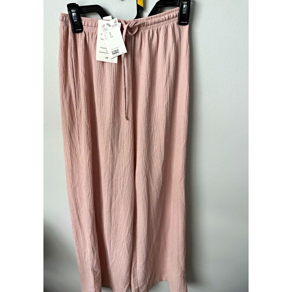 H&M Women’s Pink Solid Wide-Leg Crepe Pants Elastic Waist Drawstring Size XS